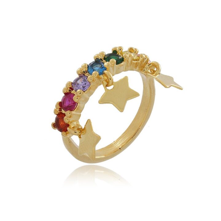 ANEL DE ZIRCÔNIAS COLORS E ESTRELAS BANHADO A OURO 18K - rodio branco, 17