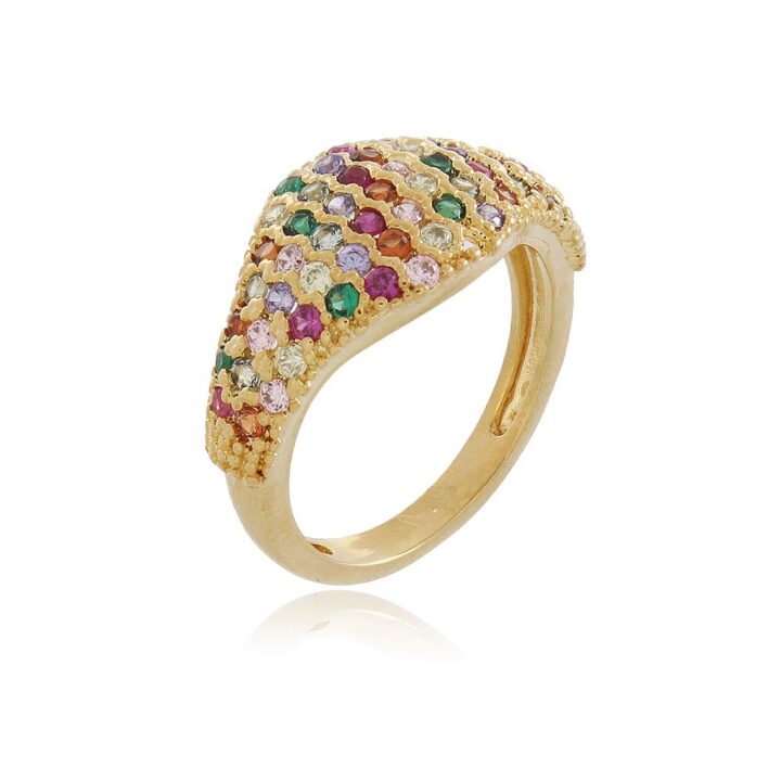 ANEL TIARA SOFISTICADO COM MICROZIRCÔNIAS COLORS BANHADO A OURO 18K