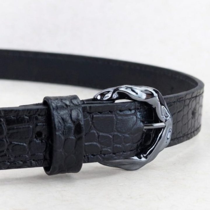 Cinto Feminino Couro Legítimo Preto Croco Fivela Orgânica Onix