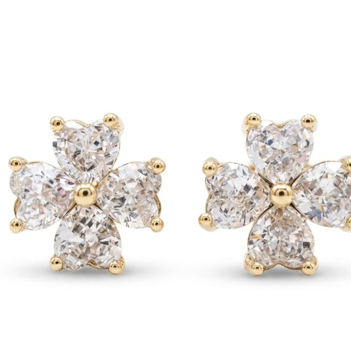 Brinco Trevo Zircônia Cristal Banhado Ouro 18K Delicado Luxo