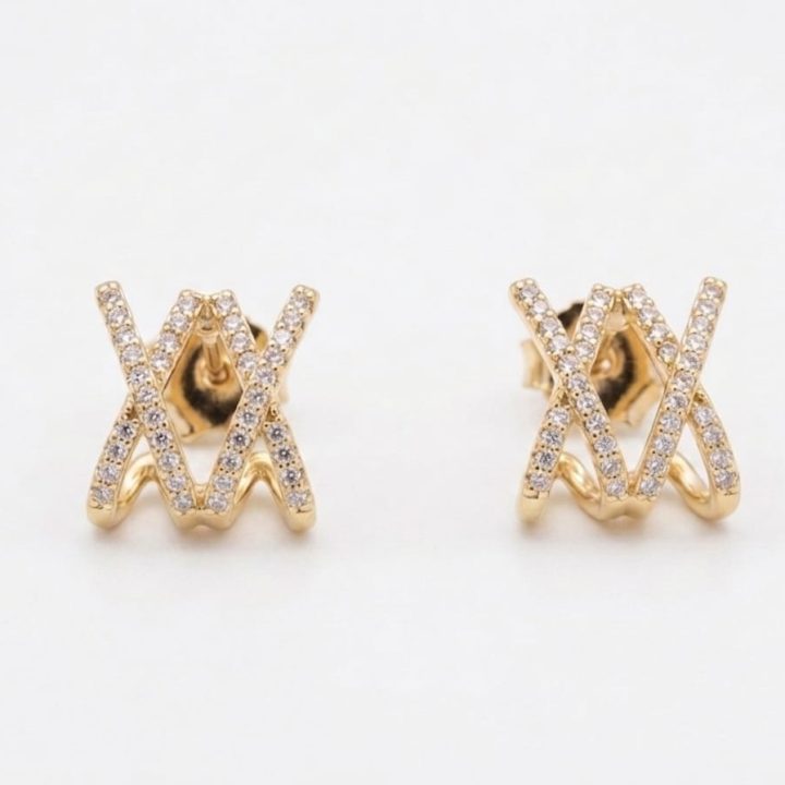 Brinco Feminino Geométrico Com Zircônias Banhado Ouro 18K
