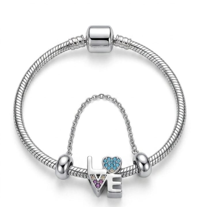 Conjunto Pulseira Berloque Love + Trava Segurança Aço Inoxidável